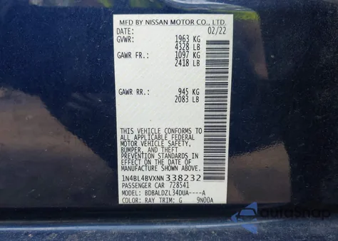 2022 Nissan Altima S Fwd z USA, uszkodzony, nr VIN 1N4BL4BVXNN338232